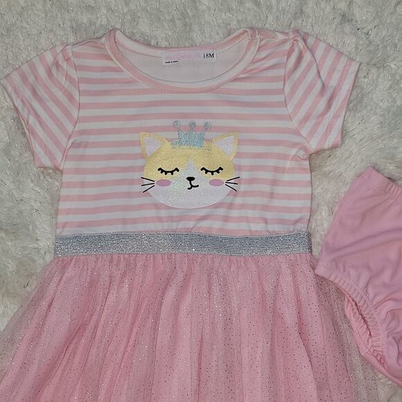 YOUNG HEARTS PINK AND WHITE STRIPED CAT TULLE DRESS WITH PANTIES, SIZE 18 MONTHS - Picture 2 of 9